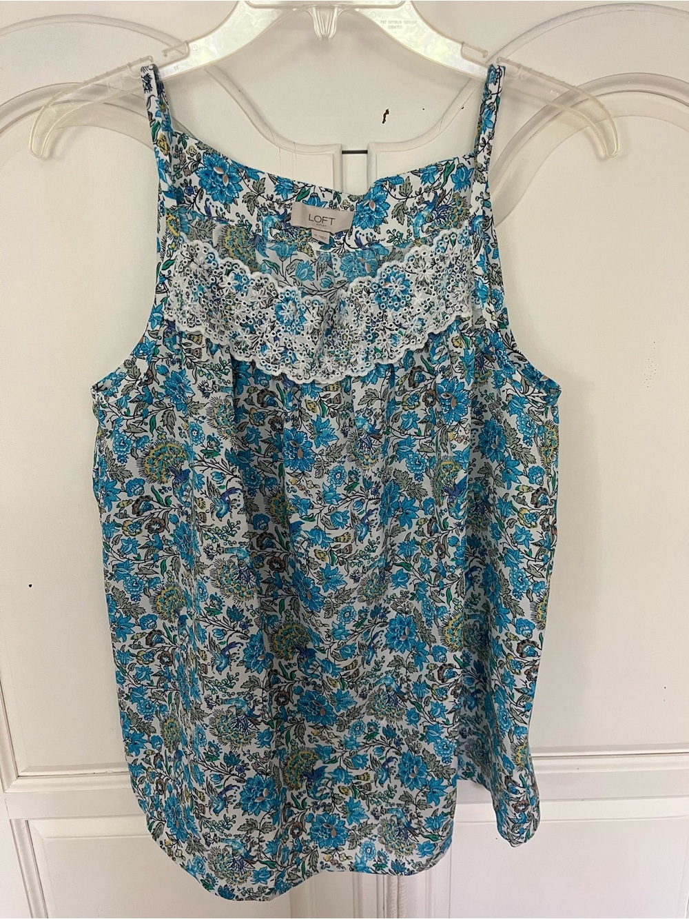 LOFT Blue Floral Lace-Trim Sleeveless Top